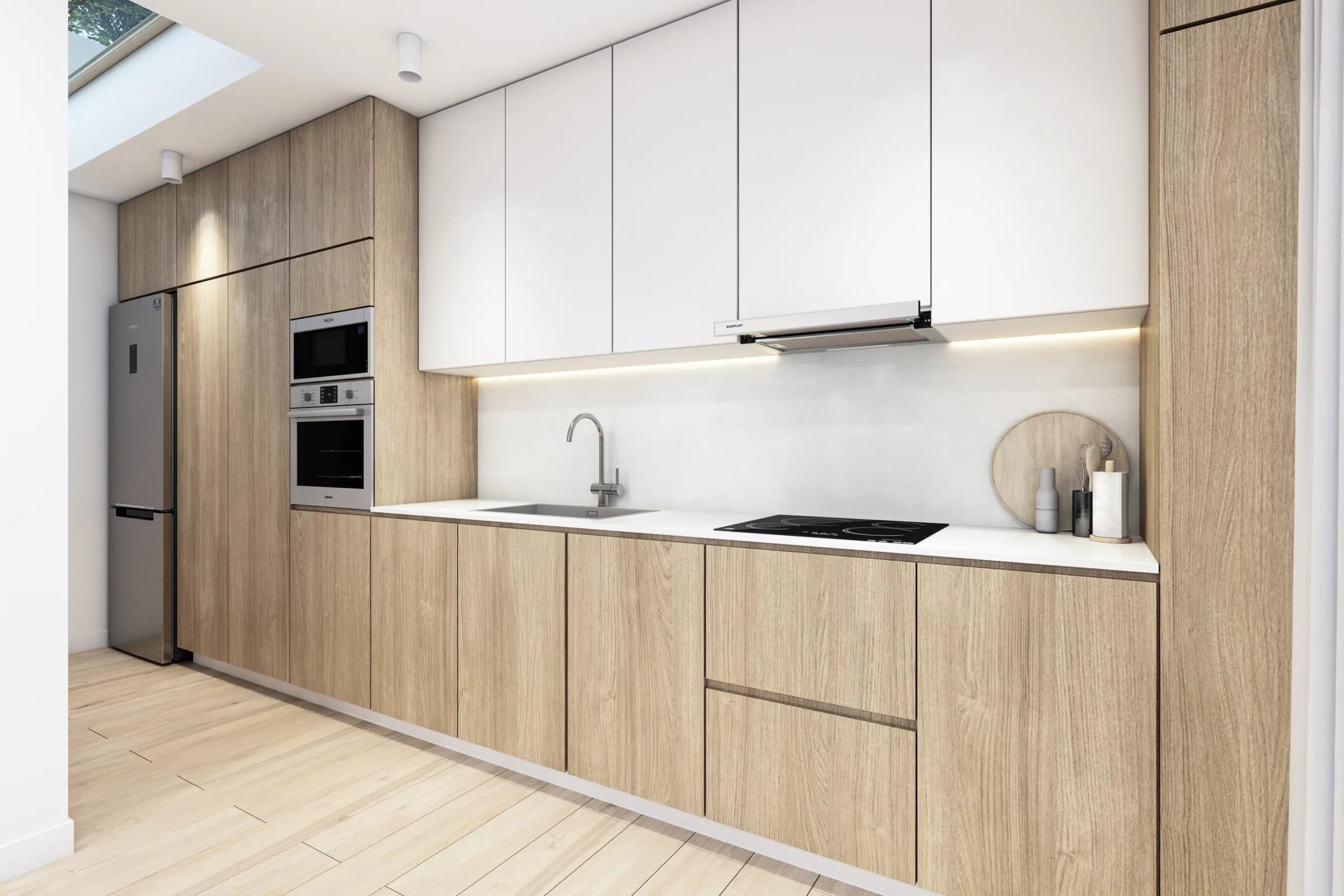 Cocina moderna integrada con muebles de madera clara